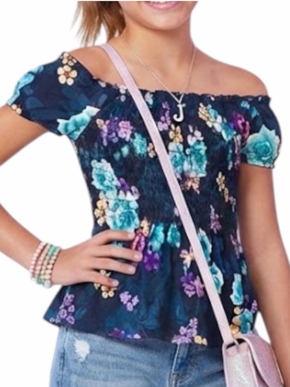 JUSTICE Girls Bohemian Y2K Blue Floral Scalloped Trim Off Shoulder Top Size 8